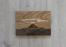 Volcano eruption wooden picture, wood inlay art, marquetry, wood mosaic