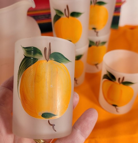 Vintage Orange Juice Pitcher Set (6) Glasses Frosted Handpainted Hazel Atles MCM - Picture 4 of 12