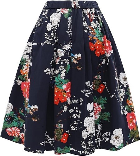 Women's A-line Printed Pleated Flared Midi Skirt with Pockets, Vintage Skirts - Picture 16 of 105