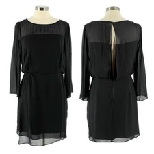 Elizabeth and James Black Silk Chiffon Long Sleeve Midi Cocktail Dress 10 LBD
