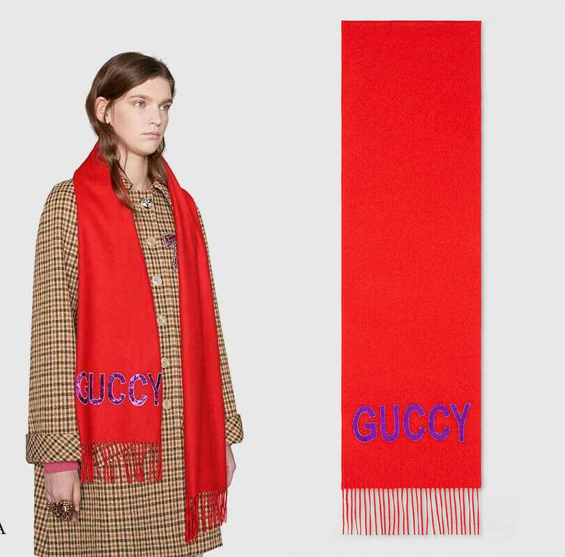 FOULARD GUCCI ROUGE GUCCY PAILLETTES CACHEMIRE SOIE MÉLANGÉE FRANGES 10