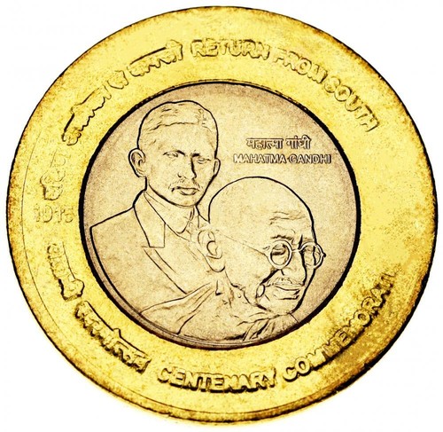 India 10 rupees 2015 Bimetal F-VF Gandhi: Return from South Africa - Picture 1 of 2