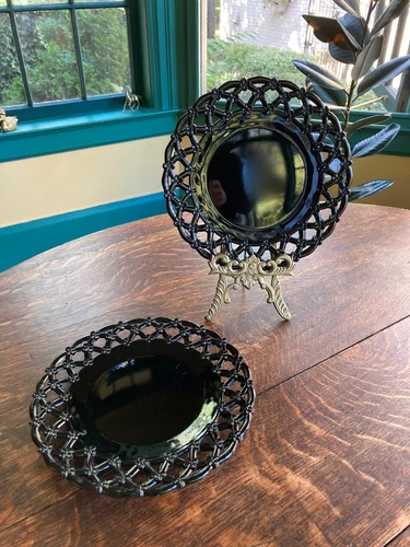 Westmoreland Glass Black Lace Edge Forget Me Not Lattice Plate Depression 8.5”