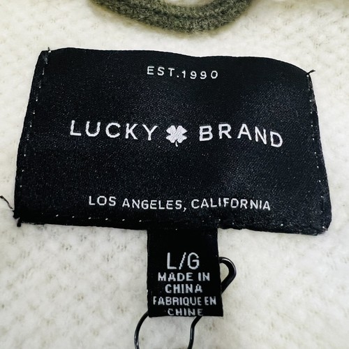 NWT Lucky Brand Women's Lightweight Fleece Jacket Sz Large Full Zip Cream/Olive - Picture 9 of 12
