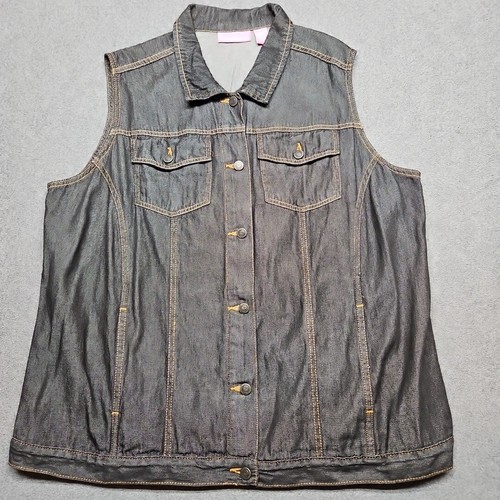 Woman Within Denim Vest Women Size 20W Charcoal Button Up Pockets Collared - Picture 2 of 7