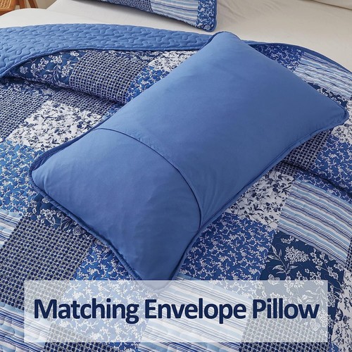 Blue Boho Quilt Set Queen Size 3 Pieces Plaid Floral Bedspread Coverlet Set New - Picture 5 of 6