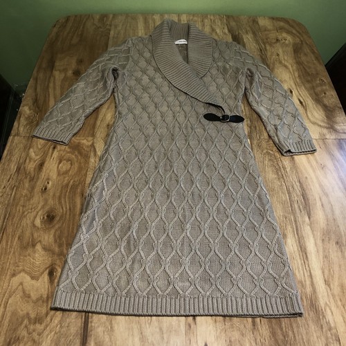 NWOT Calvin Klein Cable Knit Shawl Collar Sweater Dress Beige Womens Size Medium - Afbeelding 1 van 9