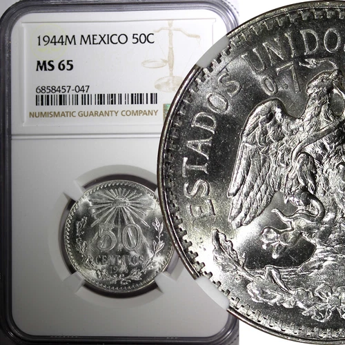 Mexico ESTADOS UNIDOS Silver 1944 M 50 Centavos NGC MS65 GEM BU KM# 447 (047)