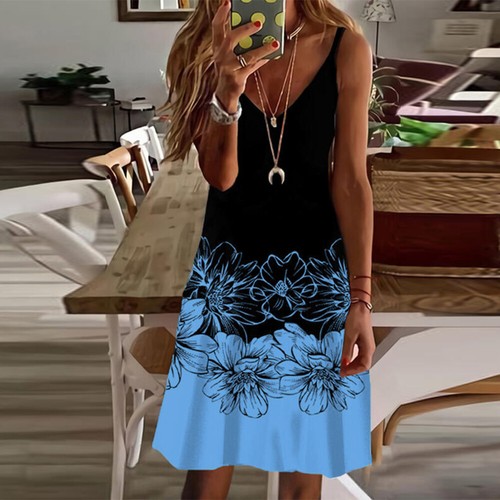 Womens Summer Beach Boho Sun Dress Ladies Holiday V Neck Mini Dresses Size 8-16 - Picture 3 of 10