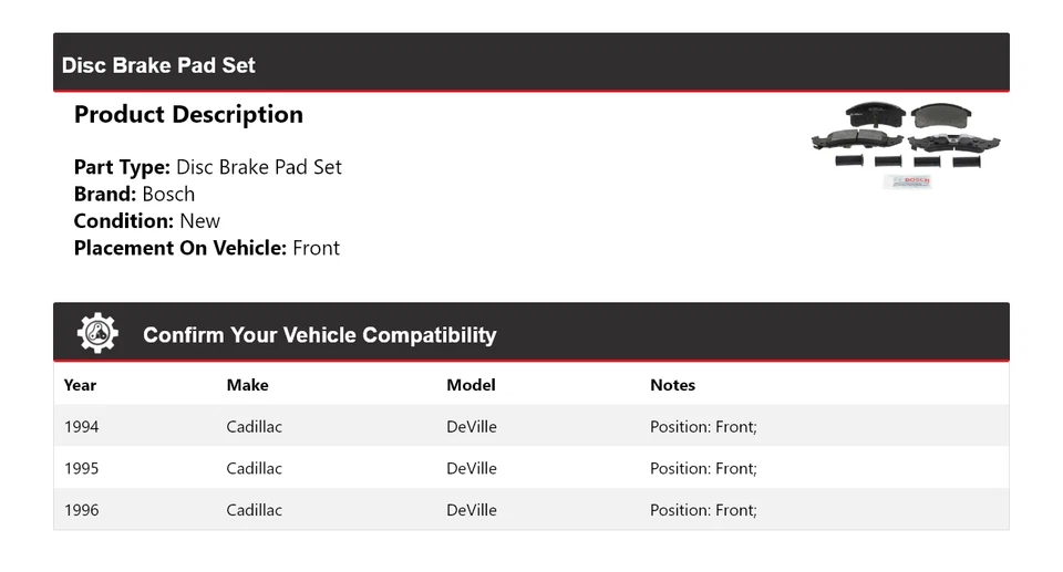 Передние полуметаллические тормозные колодки QuietCast для Cadillac DeVille Bosch 1994-1996 годов выпуска - Изображение 2 из 4