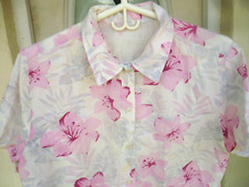 VTG 90S PINK HAWAIIAN FLORAL COTTON XL L WHITE BUTTON UP SHIRT BLOUSE VTG WOMEN