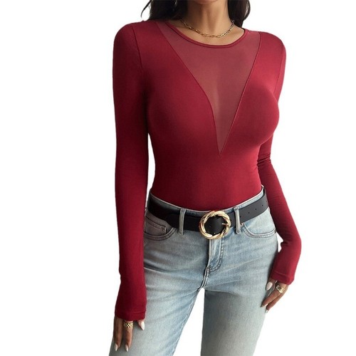 Lady Mesh Crew V-neck Sheer T-shirt Top Long Sleeve Stretch Slim Casual Sexy New - Picture 5 of 23