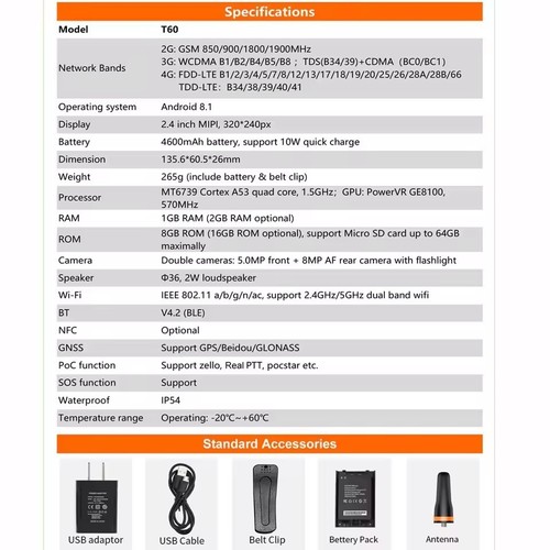 ANYSECU Zello T60 4G Network Radio WiFi GPS Android 8.1 POC Radio F41 Unlocked - Picture 6 of 9