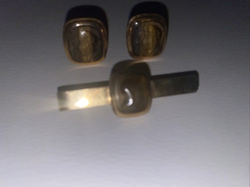 Vintage Tigers Eye Warrior Cuff Links & Tie Bar Clasp Set Gold Filled - Picture 6 of 10