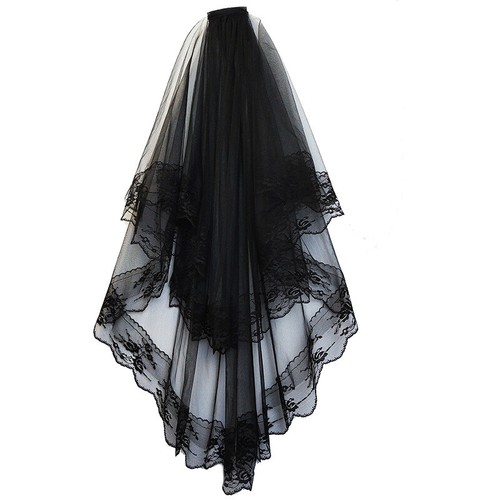 Black Wedding Cathedral Veil Gothic Lace Tulle Bridal Halloween Party Tiara Chic - Picture 8 of 8