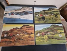 Set of 4 I. Shapiro Four Seasons Vinyl Placemats Farm Country Landscape Art