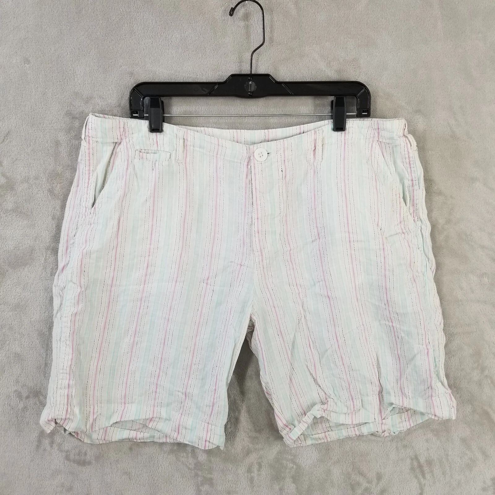 Sundance Shorts Women 37" Striped 100% Linen Lighweight Pockets Beach Bermuda