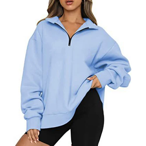 Womens Oversized Half Zip Pullover Long Sleeve Sweatshirt Hoodie Sweater Blouse - Picture 15 of 75