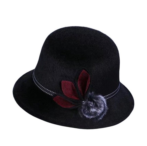 Womens Bowler Black Felted Hat Whitework Embroidery Dome Floral Winter Casual - Picture 2 of 9