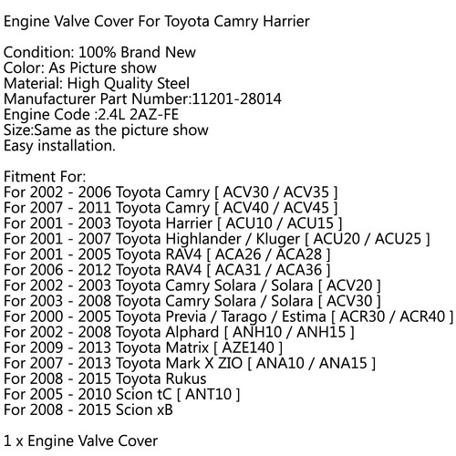 Engine Rocker Valve Cover For Toyota Camry RAV4 2.4L 2AZ-FE 11201-28014 07-11 AU - Picture 6 of 6