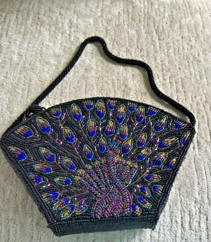 Mini Cartera/Cartera de Mano/Muñequera Chico's Majestic Hecha a Mano Pavo Real con Cuentas - Imagen 2 de 12