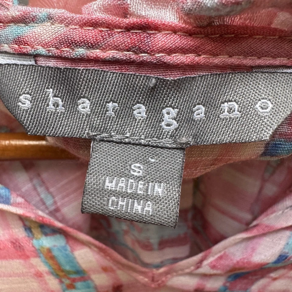Sharagano Peasant Blouse Top Pink Plaid Boho Smocked details 3/4 Sleeve Size SM - Image 3 of 4