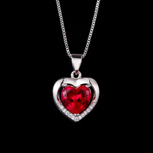 925 Sterling Silver Red Crystal CZ Heart Pendant Necklace 18" Chain Gift Box J15 - Picture 2 of 5