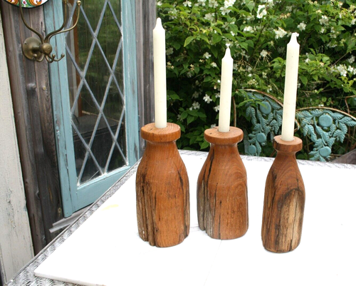 Vintage Live Edge Wooden Hand Turned Candle Holders Rustic 3-MCM - Picture 3 of 16