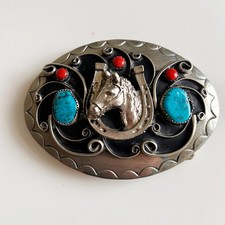Squaw Wrap Signed Belt Buckle Turquoise, Coral, Horse w/ Lucky Horseshoe