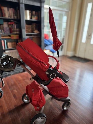 Stokke Xplory Red Stroller With Baby Cot Sun Umbrella Full Accessory Kit - Picture 13 of 17