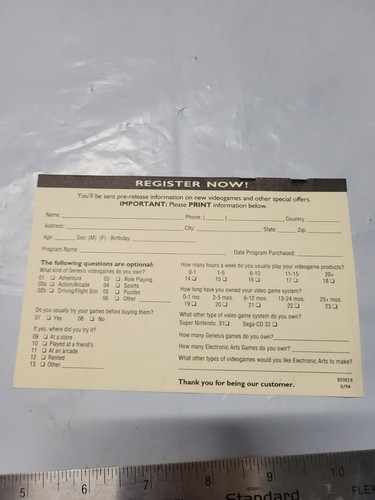 Electronic arts sega genesis registration card Insert 8/94 - Picture 2 of 2