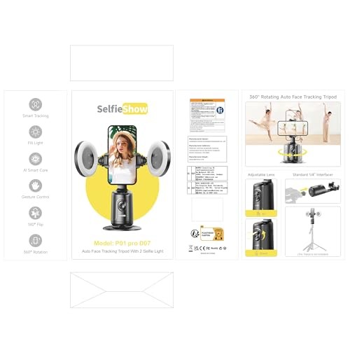 Trépied Auto Face Tracking avec 2 Selfie Ring Light, Rotation 360° Face Body - Photo 10 sur 10