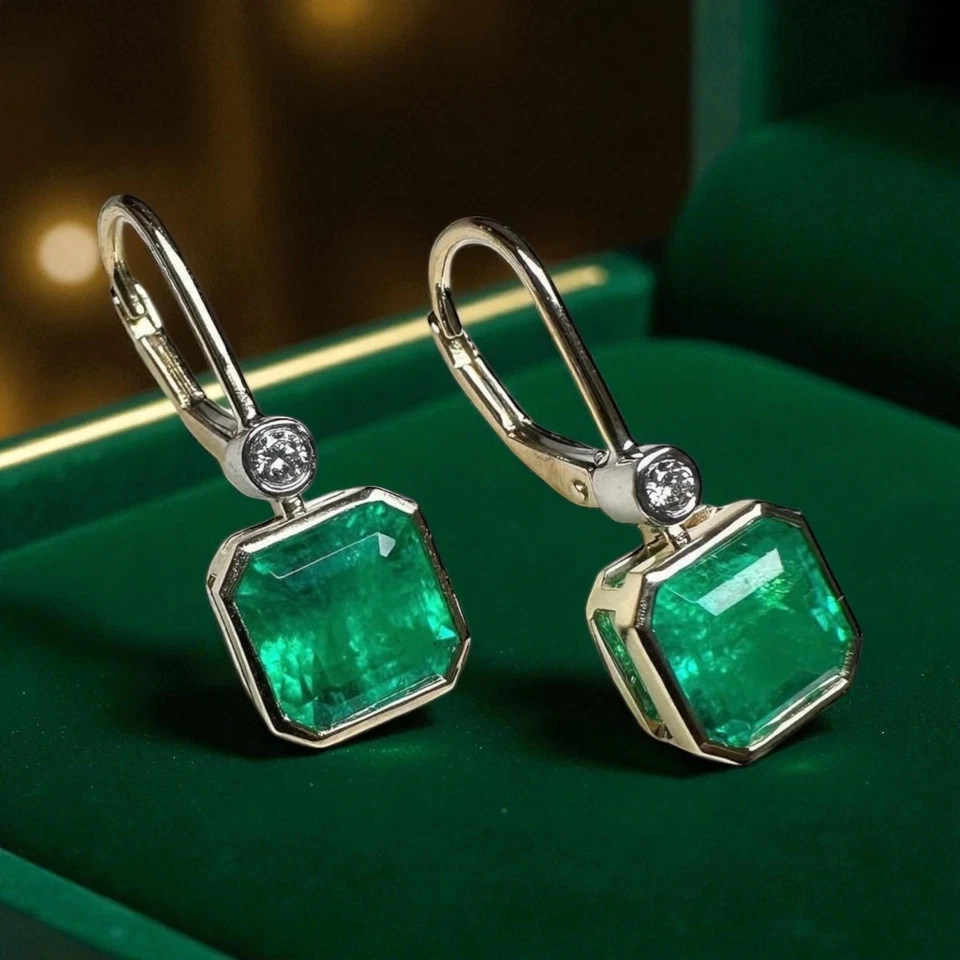 Pendientes de esmeralda de laboratorio con palanca trasera de diamantes para mujer Pendientes de esmeralda de corte Asscher Foto 3 de 4