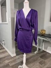 ASOS DESIGN Purple Satin Wrap Mini Long Sleeve Button Wrap Dress Size US 6