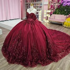 Burgundy Quinceanera Dresses Shiny Lace Applique Crystal Bow Ball Gowns Sweet 16