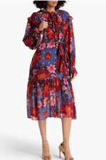 Farm Rio Garden Navy Blue Red Pink Floral Midi Dress no belt Size M