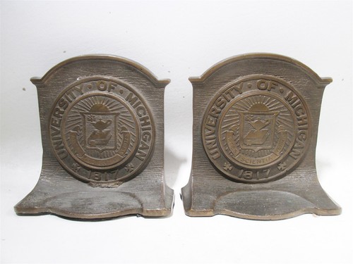 Antique University of Michigan Pair Heavy Bronze Bookends CS&C Co. - Picture 1 of 11