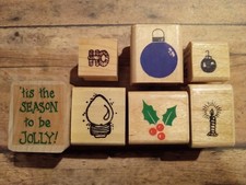 Lot of 7 Christmas Rubber Stamps Small Stamps Christmas Card Stamps Holly Words