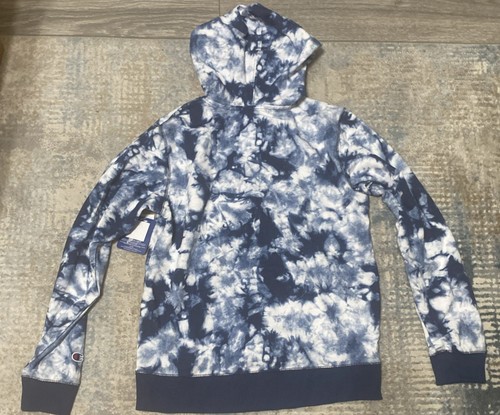 Champion NAVY CRUSH DYE Boys French Terry Script Logo Hoodie Size XL Blue NEW - Picture 2 of 3