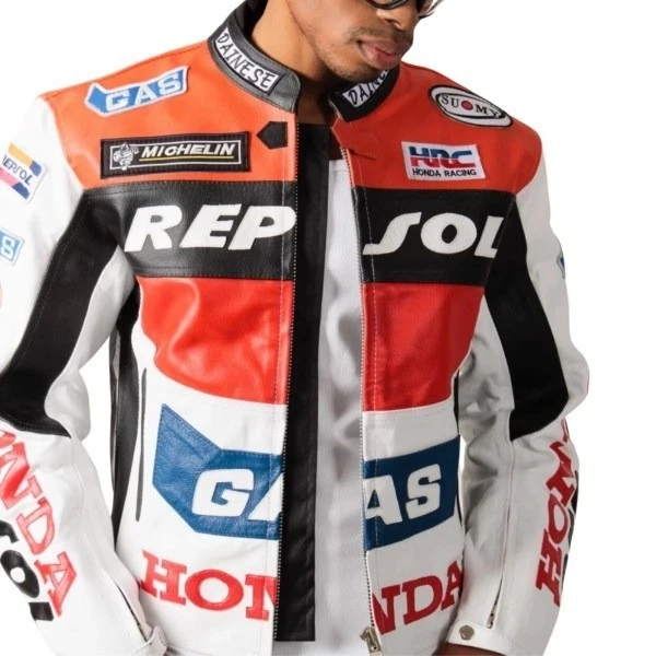 Chaqueta de motociclista Honda Repsol multicolor chaqueta de cuero de vaca genuino Foto 3 de 4