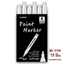 FLYMAX White Paint Pens - 6 Pack 2.5mm Medium Tip White Marker - Permanent