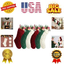 18 Inches Burgundy, Ivory, Green Knitted Christmas Stockings,6 Pack
