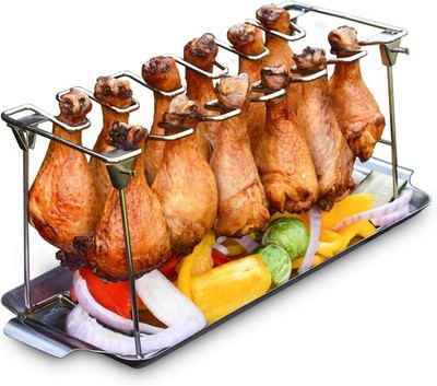 RTT Chicken Leg Rack for Grill with Drip Tray - Easy to Use 12 Slots Chicken Win
