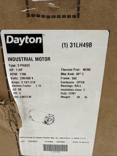 Dayton 31LH49B Three-Phase Industrial Motor, 1 Hp, 56C Frame, 230/460V - Picture 2 of 6