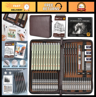 58PCS Art Drawing Supplies Set, Leather Case, Mechanical Pencils, Sketch Book, L