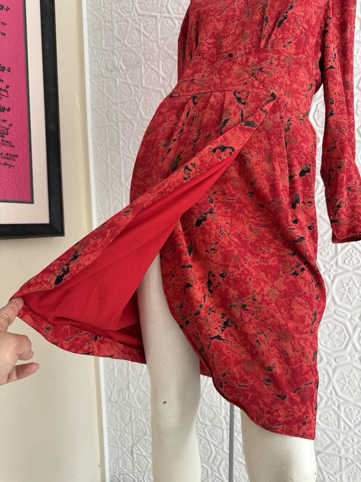Vestido Ungaro Vintage Años 80-Rojo Estampado Abstracto-Mini-Midi-Vestido-Glam-Diseñador-M Foto 4 de 4