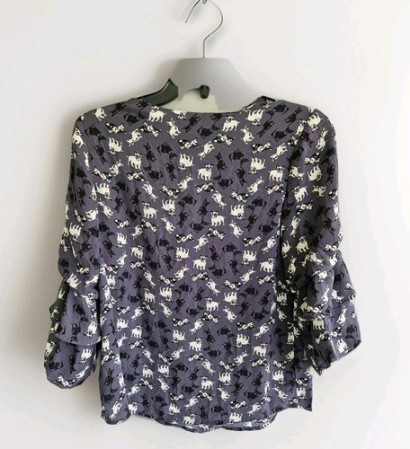 Women’s Monteau French Bulldog Print Button Top Blouse Ruffled Sleeve NWT - Picture 3 of 5