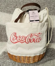 PICNIC TIME Coronado Canvas & Willow Basket Tote w/ Red Coca Cola Logo NWTS