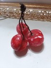 Alabaster Stone Fruit Cherries Lot of 3 Red Bing Wire Stem Vintage MCM Marbled