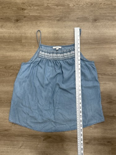 MINE Chambray Smocked Tank Top L Blue Embroidered Spaghetti Strap Boho Casual - Picture 6 of 9